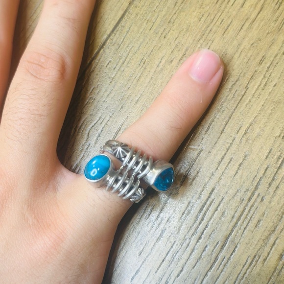 American West Authentic Turquoise and Blue Topaz Sterling Silver Ring Size 7 - Picture 7 of 7